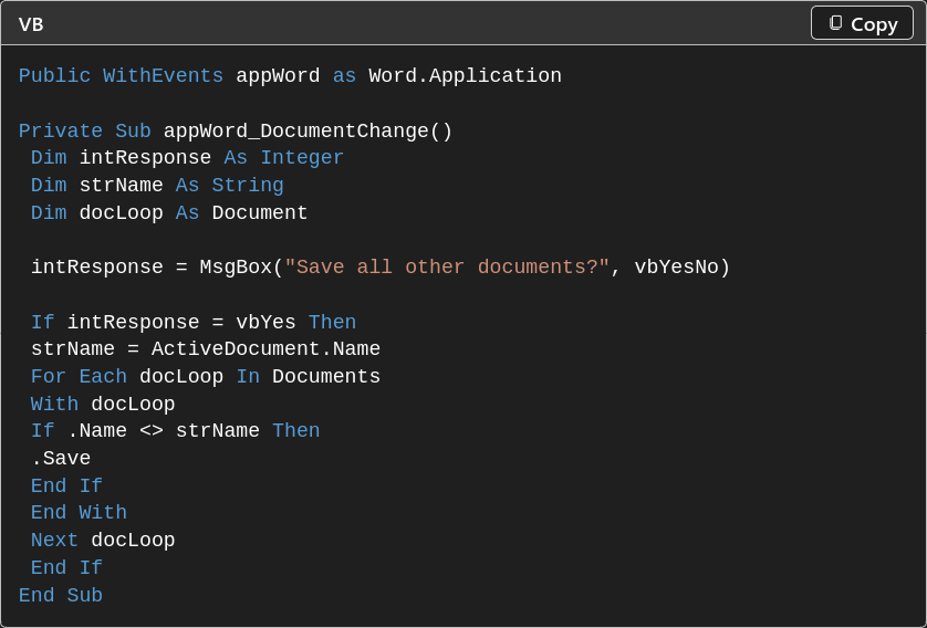 Пример работы documents change в VBA