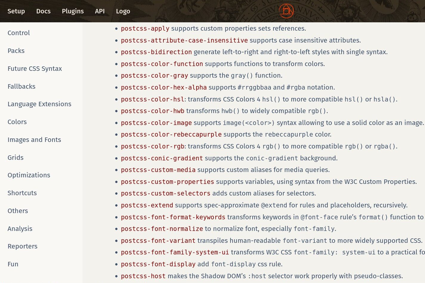 Список PostCSS плагинов на сайте